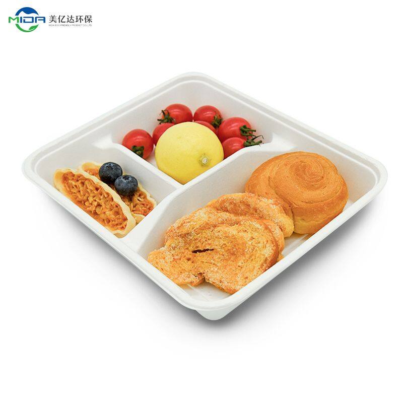 School Compartment Tray Sugarcane Biodegradable Food Tray Plate Disposable For Lunch and Dinner