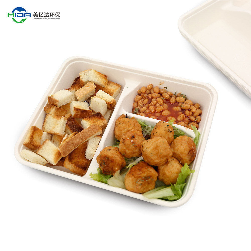 3 Compartment Fiber School Lunch Tray Sugarcane Biodegradable Food Tray Plate Disposable For Lunch and Dinner