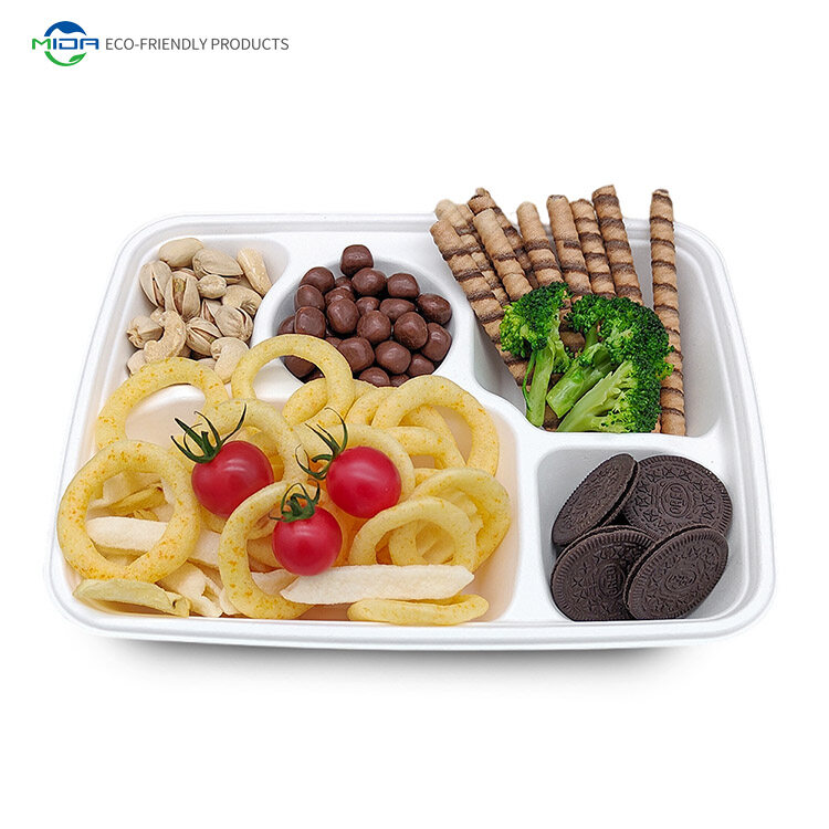 Biodegradable Lunch Containers Bulk Fiber 5 Compartments School Food Tray