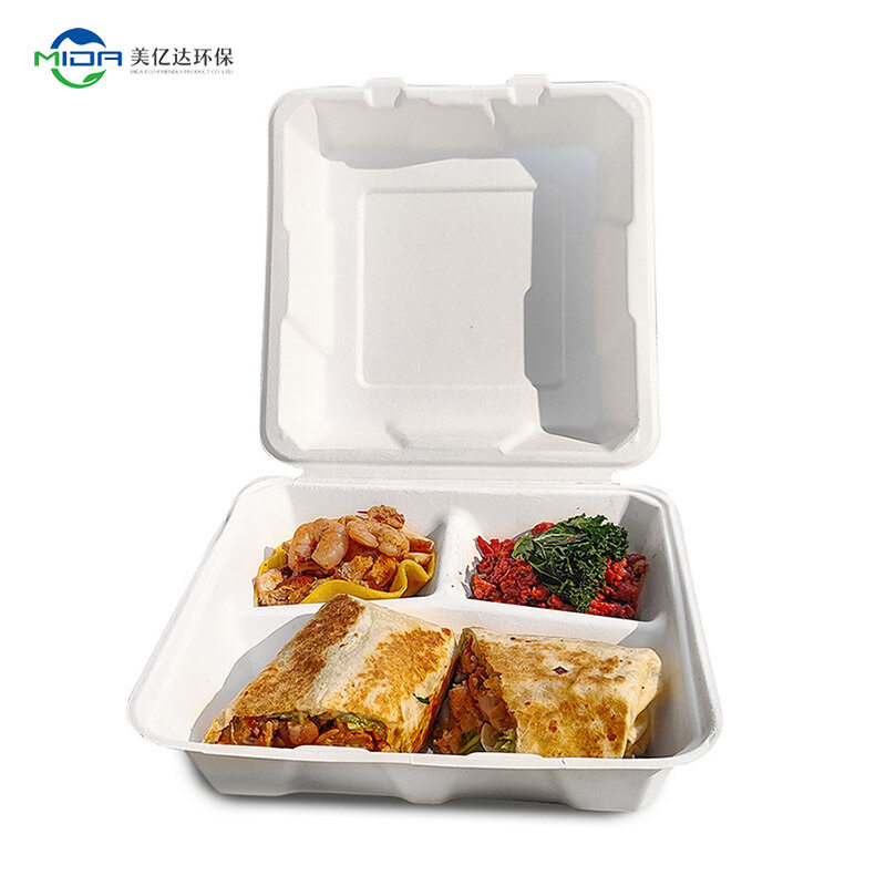 9 inch 3 compartment Disposable food containers biodegradable paper bento lunch box