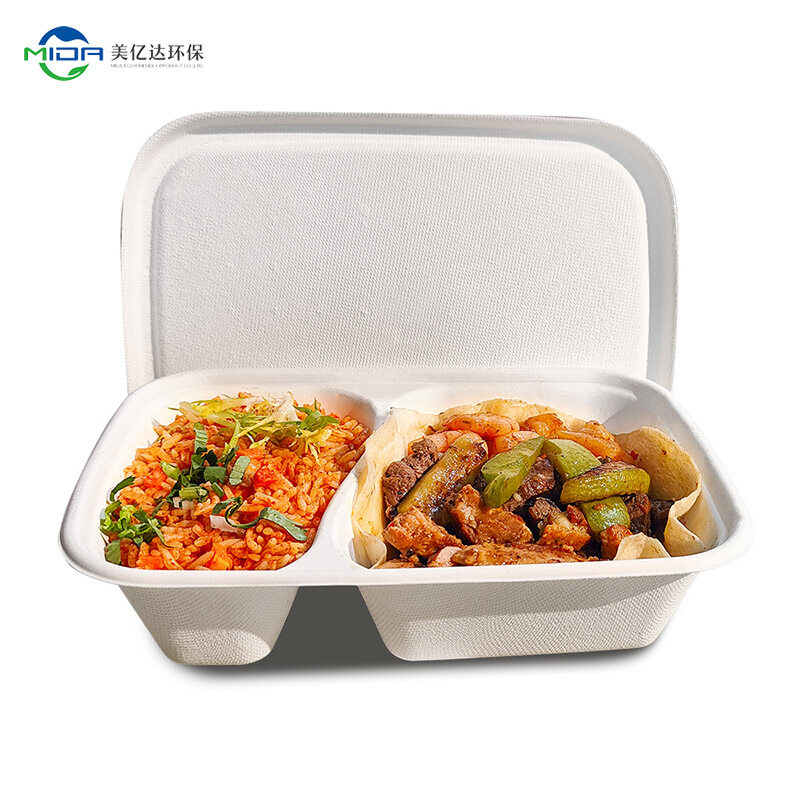 Biodegradable lunch food packing fiber food box 2 compartment box