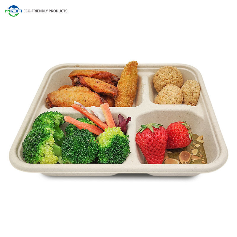 School 4 Compartment Tray Sugarcane Biodegradable Food Tray Plate Disposable For Lunch and Dinner