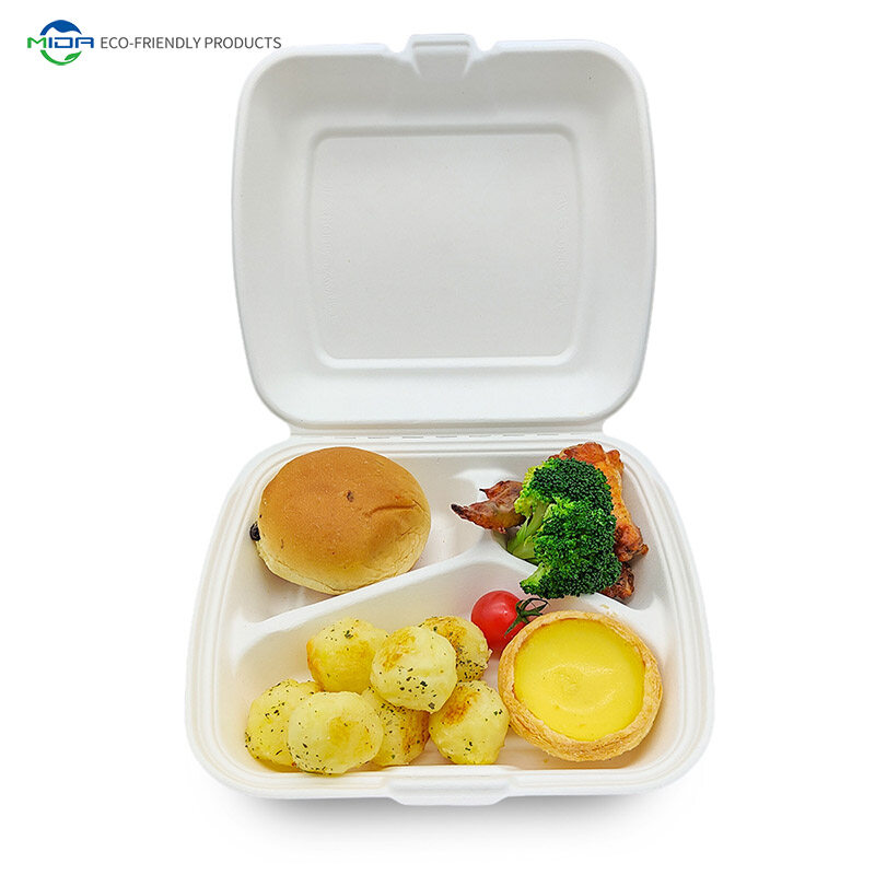 Eco Friendly Microwavable Containers Biodegradable Food Packaging 3 Compartment Clamshell