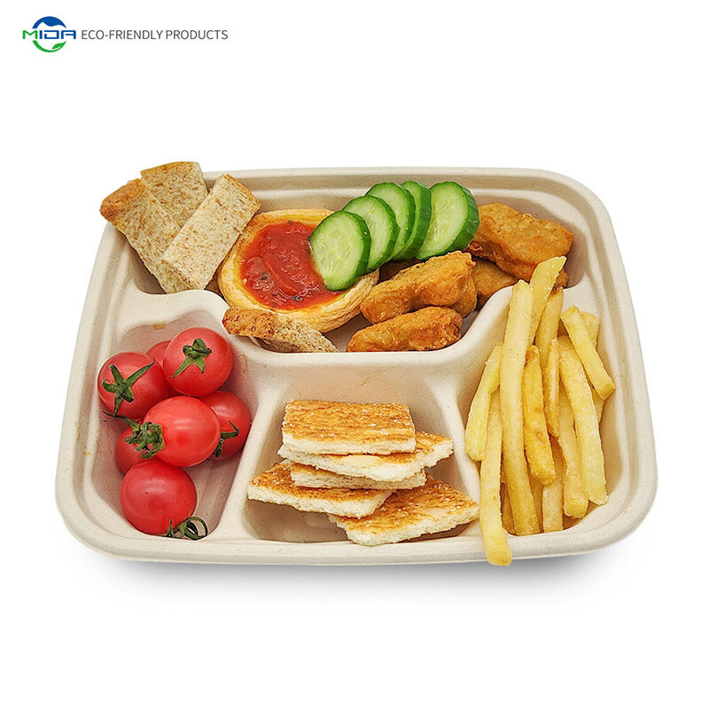 Biodegradable Tableware Disposable 4 Compartment Food Tray with Lid