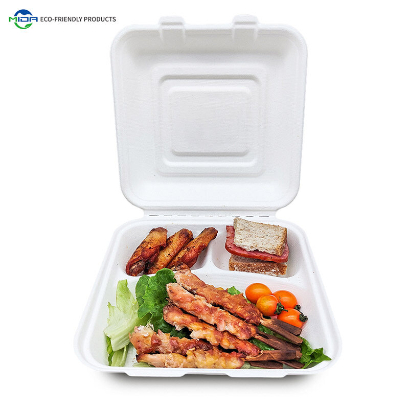 10 Inches 3 Compartments Biodegradable Eco Lunch Box Clamshell