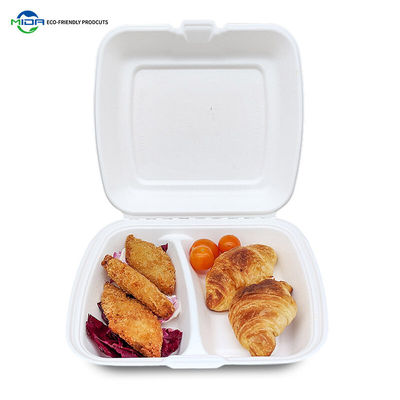 Eco-Friendly Green To Go Food Containers Bagasse 2 Compartment Clamshell